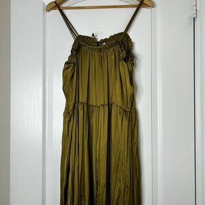 ZARA Olive Green Satin Effect Pleated Maxi Dress | Size Medium